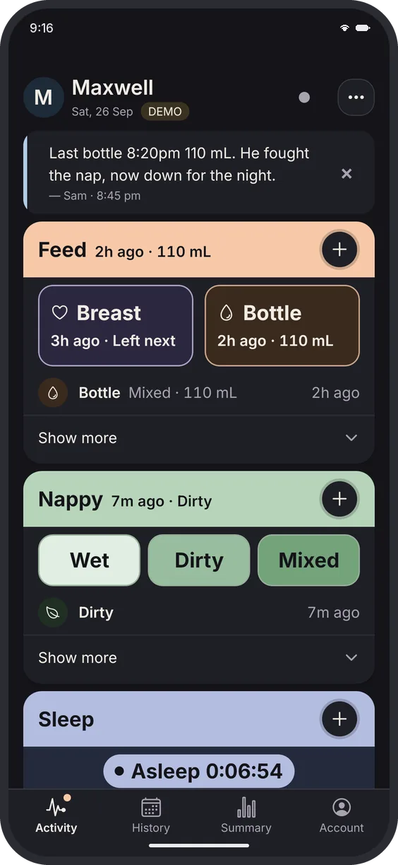 Dark mode: a handover note from Sam at the top of the home screen saying the last bottle was 110 mL and the baby is down for the night