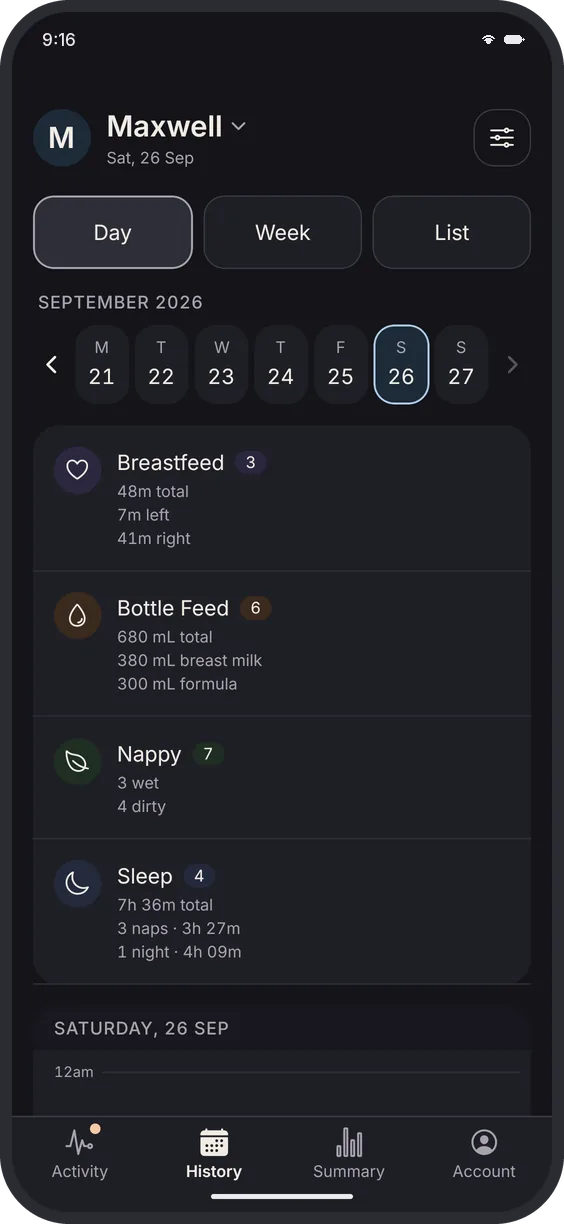 Dark mode: the Maxie History screen for one day, listing each feed, nappy and sleep