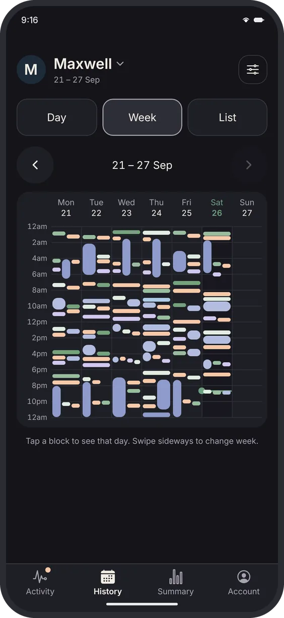Dark mode: the History week view, seven days side by side with each feed, nappy and sleep as a coloured block