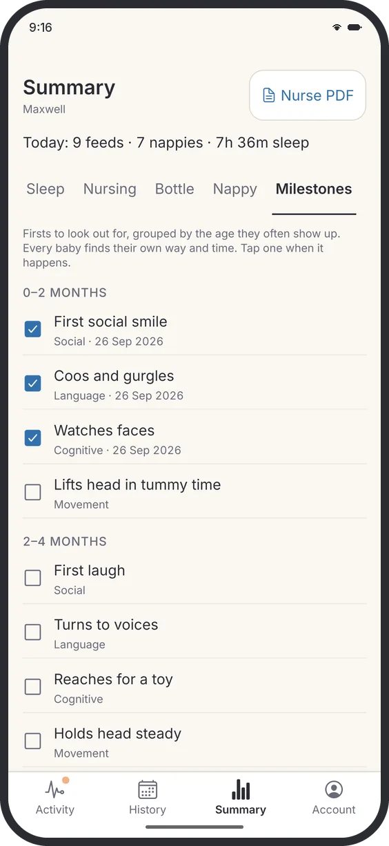 The Milestones list grouped by age, with first smile and watching faces ticked off