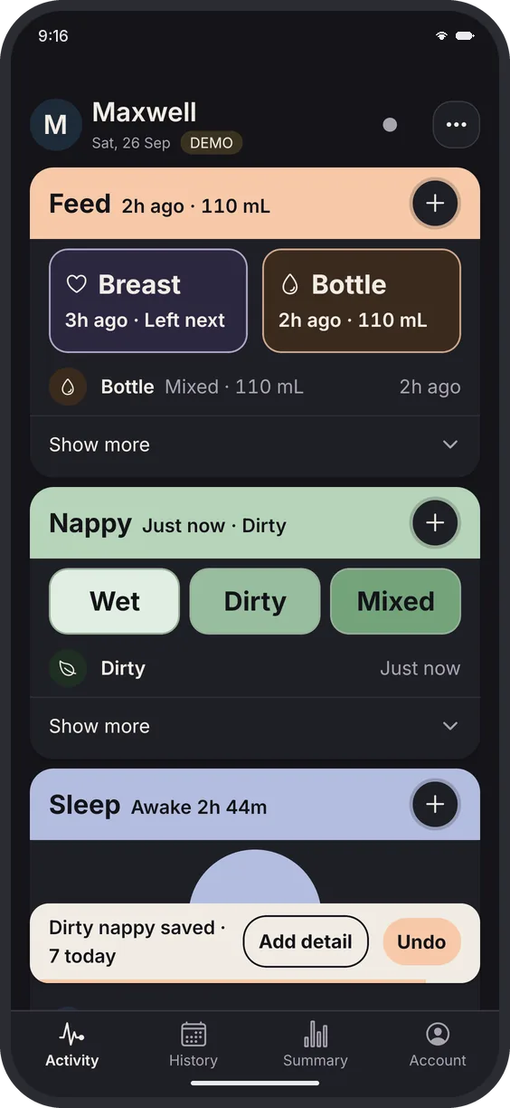 Dark mode: a dirty nappy just saved, with Add detail and Undo buttons at the bottom