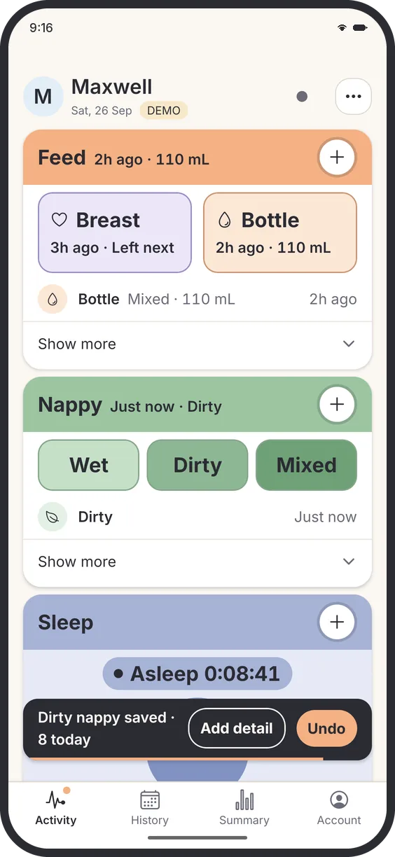 A dirty nappy just saved, with Add detail and Undo buttons