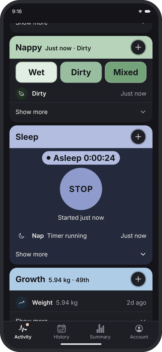 Dark mode: the Sleep card with a nap timer running and a big Stop button